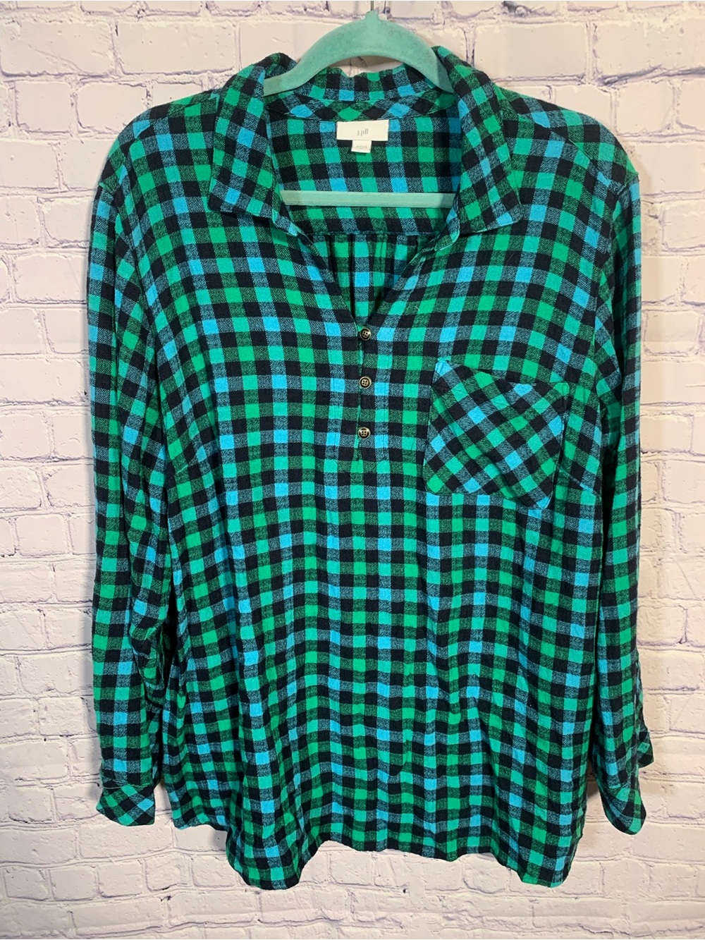 J.Jill Womens Checkered Flannel Popover Top Blue Green Sz 2X Casual Outdoor